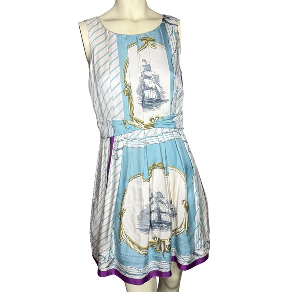 leifsdottir Dresses & Skirts - Leifsdottir Nautical Ship 100% Silk Dress Womens Size 4 Blue White Purple